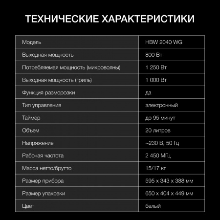 Встраиваемая микроволновая печь HYUNDAI HBW 2040 WG белый (20л.)