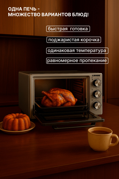 Мини-печь LUMUS LU-O03800G  (1600w /38л/внутр.подсветка)  серый