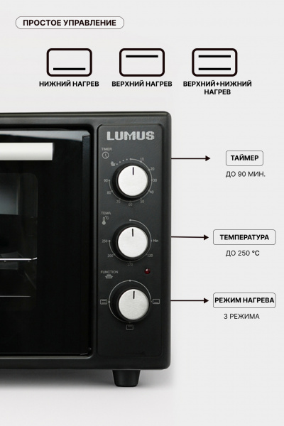 Мини-печь LUMUS LU-O03800B  (1600w /38л/внутр.подсветка)  черный