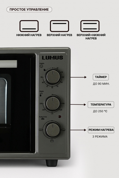 Мини-печь LUMUS LU-O03800G  (1600w /38л/внутр.подсветка)  серый
